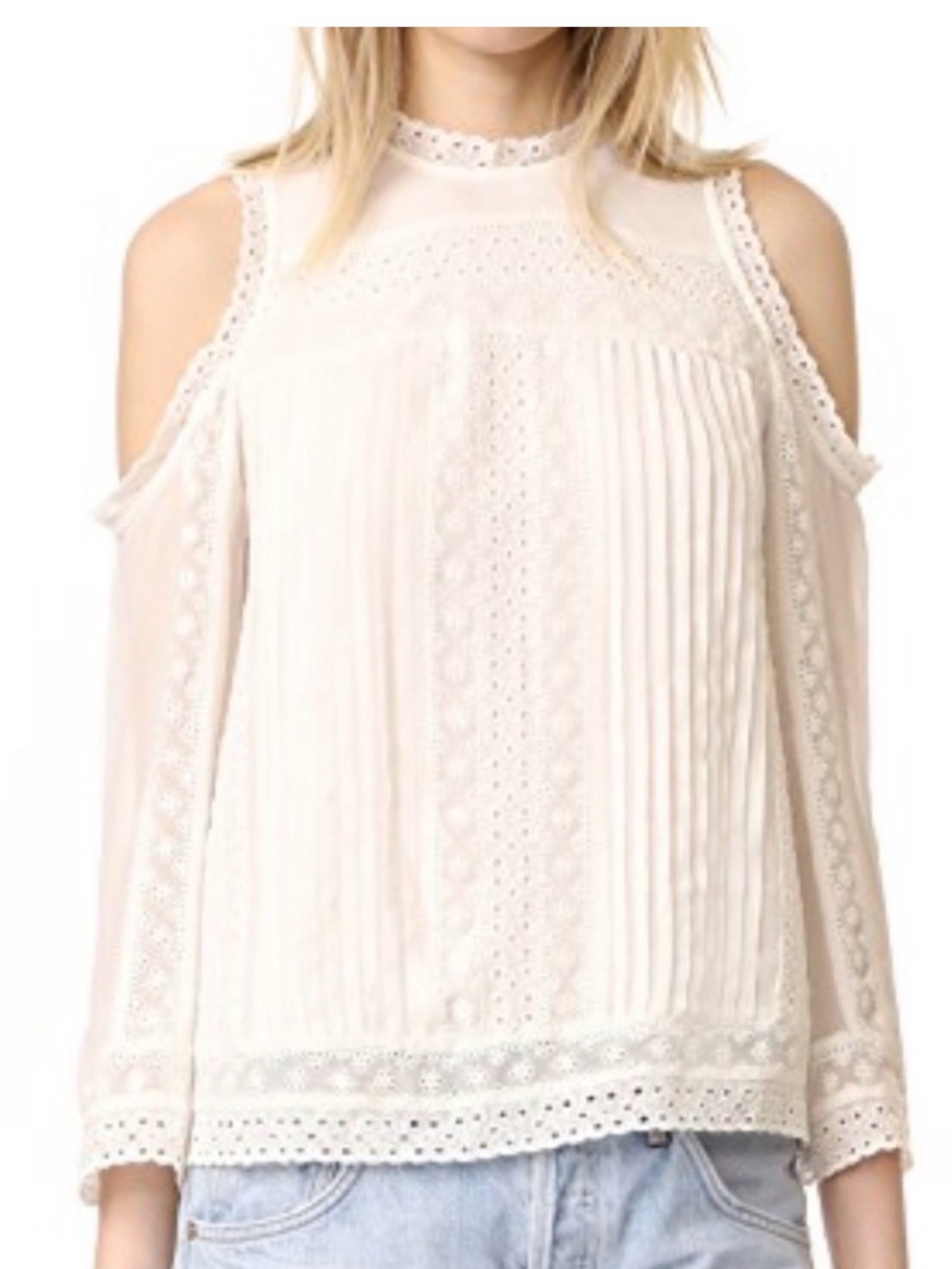 Alice + Olivia Cream Cold-Shoulder Lace Pintuck Blouse